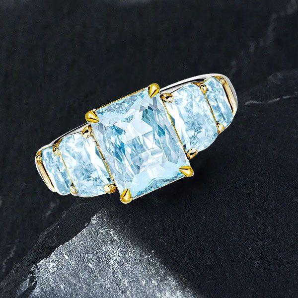Radiant Cut Aquamarine Five Stone Engagement Ring - Sterling Silver