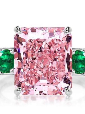 Affordable Three Stone Radiant Cut Pink Sapphire Engagement Ring in Sterling Silver