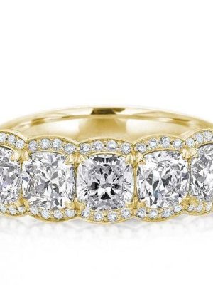 Golden White Sapphire Halo Cushion Wedding Band Ring, 18K Gold Plated Sterling Silver
