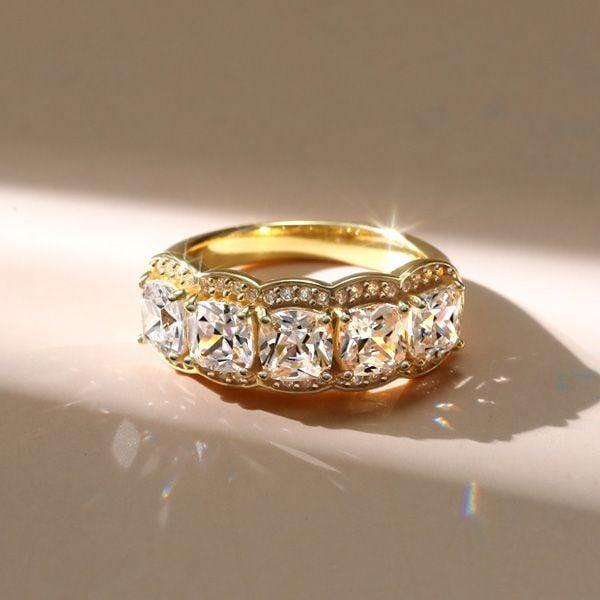 Golden White Sapphire Halo Cushion Wedding Band Ring, 18K Gold Plated Sterling Silver