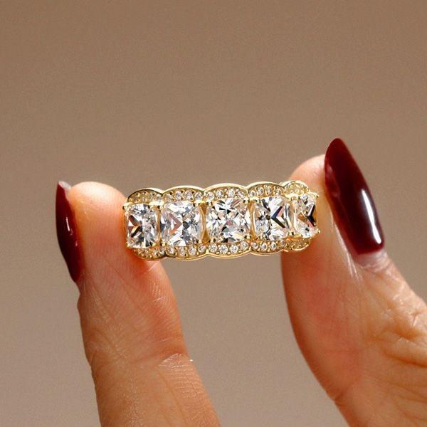 Golden White Sapphire Halo Cushion Wedding Band Ring, 18K Gold Plated Sterling Silver