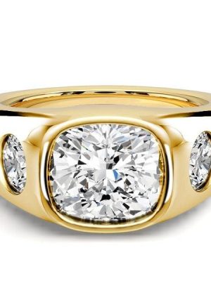 3 CT. Cushion Cut Three Stone Engagement Ring in 18K Gold Plated Sterling Silver