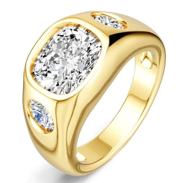 3 CT. Cushion Cut Three Stone Engagement Ring in 18K Gold Plated Sterling Silver