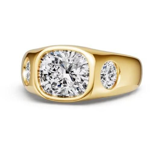 3 CT. Cushion Cut Three Stone Engagement Ring in 18K Gold Plated Sterling Silver