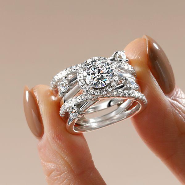 Halo Round Cut White Sapphire Split-Band Bridal Set in Sterling Silver