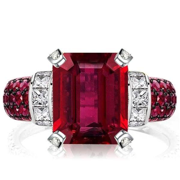 Vintage Style Ruby and Emerald Cut Engagement Ring Set in Sterling Silver