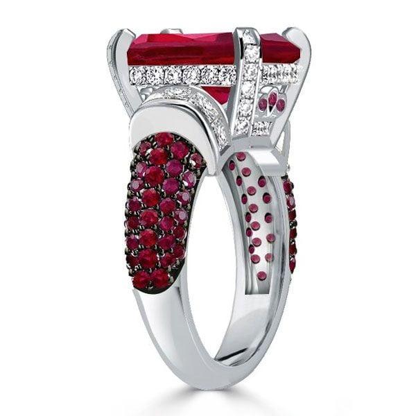 Vintage Style Ruby and Emerald Cut Engagement Ring Set in Sterling Silver