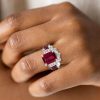 Vintage Style Ruby and Emerald Cut Engagement Ring Set in Sterling Silver