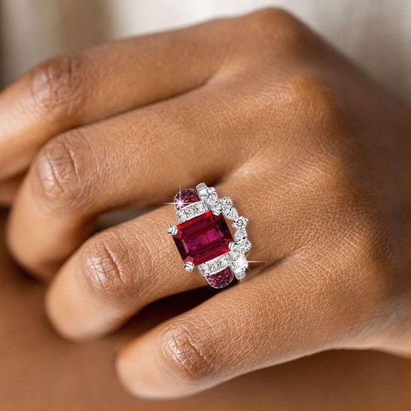Vintage Style Ruby and Emerald Cut Engagement Ring Set in Sterling Silver