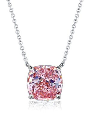 Cushion Cut Pink Simulated Diamond Solitaire Pendant Necklace - Sterling Silver