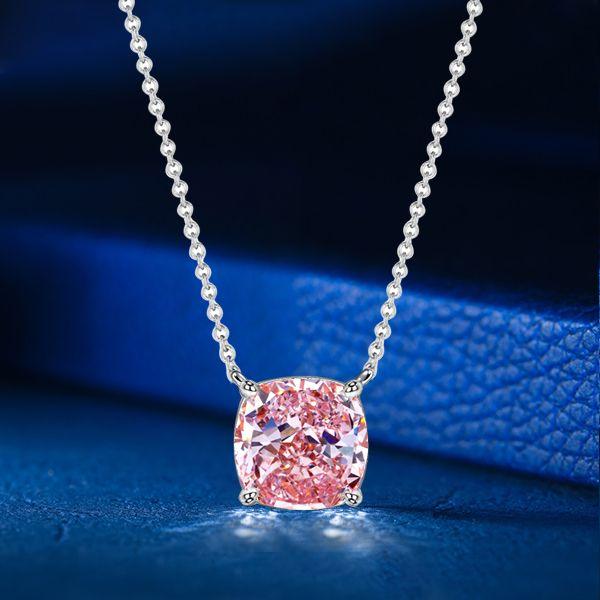 Cushion Cut Pink Simulated Diamond Solitaire Pendant Necklace - Sterling Silver