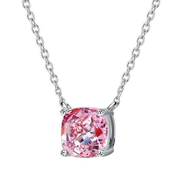 Cushion Cut Pink Simulated Diamond Solitaire Pendant Necklace - Sterling Silver