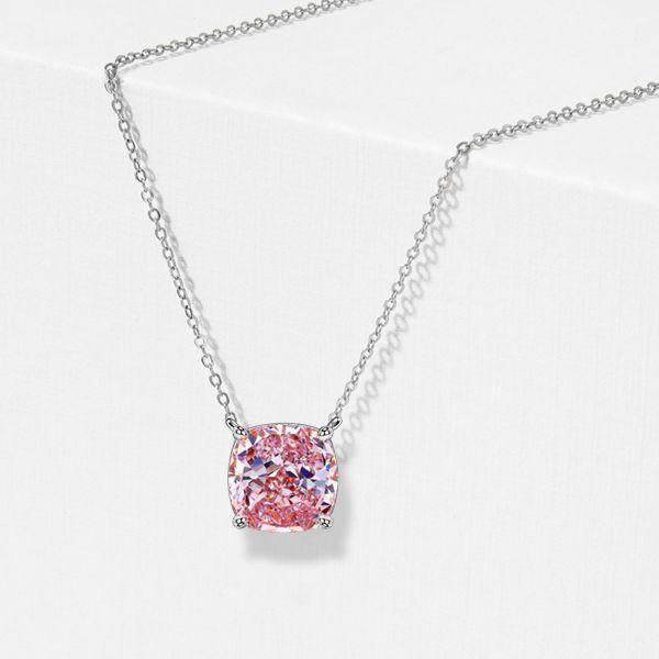 Cushion Cut Pink Simulated Diamond Solitaire Pendant Necklace - Sterling Silver