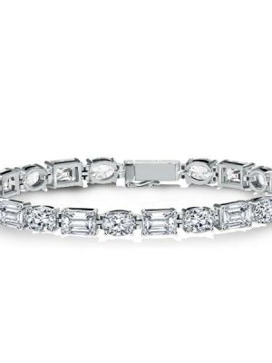 Rhodium Plated Sterling Silver Oval and Emerald Cut Alternating Tennis Bracelet