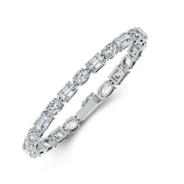 Rhodium Plated Sterling Silver Oval and Emerald Cut Alternating Tennis Bracelet