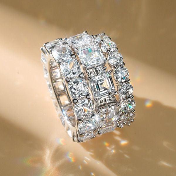 925 Sterling Silver Triple Row Eternity Stackable Wedding Ring Set