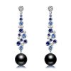 Blue & Black Pearl Drop Earrings - Sterling Silver Bezel Round Dangle Earrings