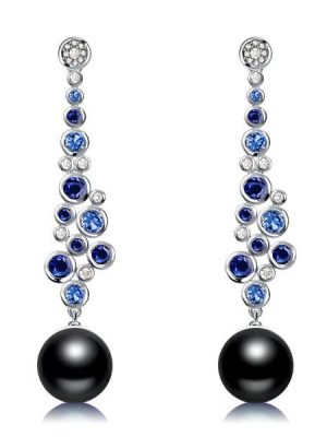 Blue & Black Pearl Drop Earrings - Sterling Silver Bezel Round Dangle Earrings