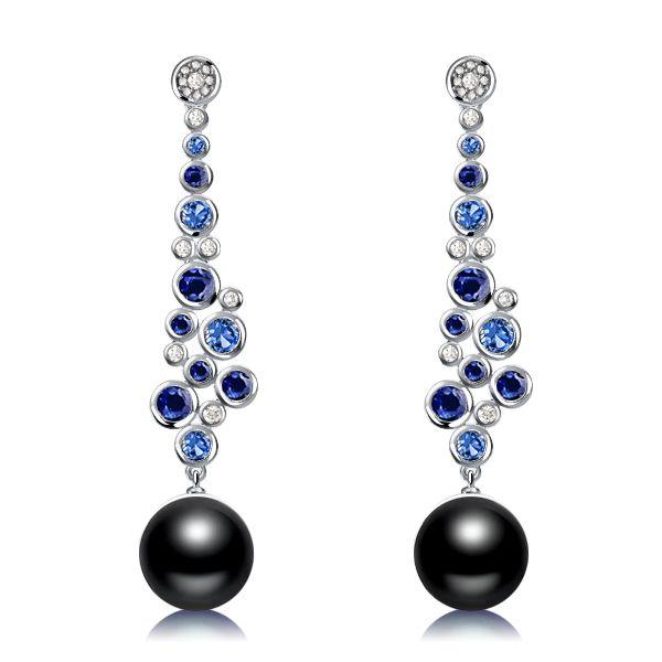 Blue & Black Pearl Drop Earrings - Sterling Silver Bezel Round Dangle Earrings