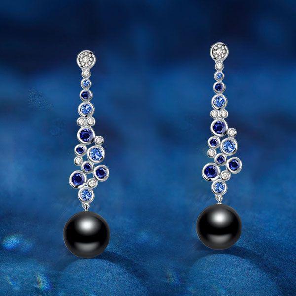 Blue & Black Pearl Drop Earrings - Sterling Silver Bezel Round Dangle Earrings