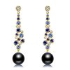 Blue & Black Pearl Drop Earrings - Sterling Silver Bezel Round Dangle Earrings