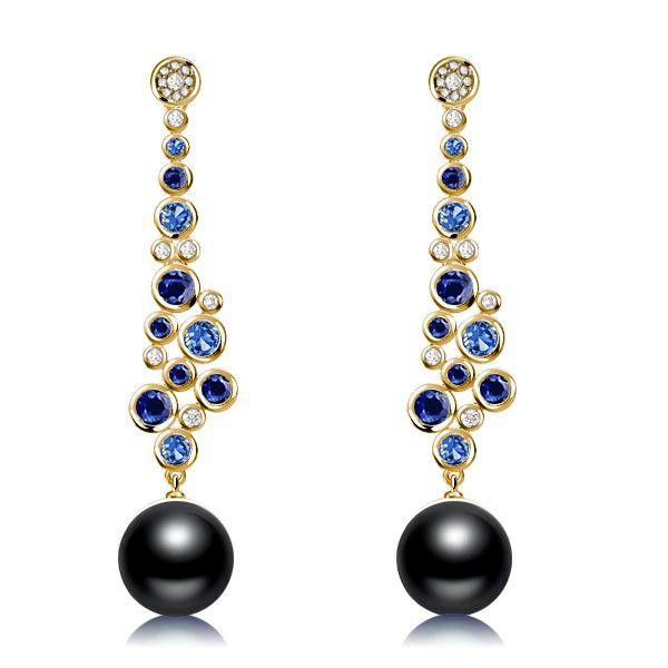 Blue & Black Pearl Drop Earrings - Sterling Silver Bezel Round Dangle Earrings