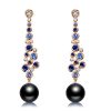 Blue & Black Pearl Drop Earrings - Sterling Silver Bezel Round Dangle Earrings