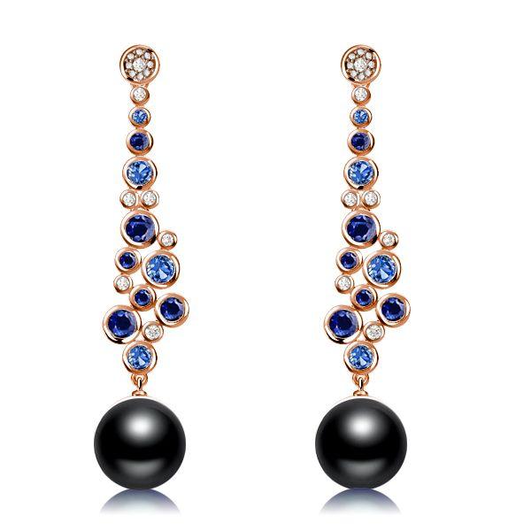 Blue & Black Pearl Drop Earrings - Sterling Silver Bezel Round Dangle Earrings