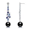 Blue & Black Pearl Drop Earrings - Sterling Silver Bezel Round Dangle Earrings