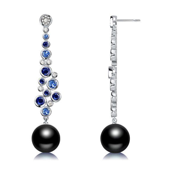 Blue & Black Pearl Drop Earrings - Sterling Silver Bezel Round Dangle Earrings