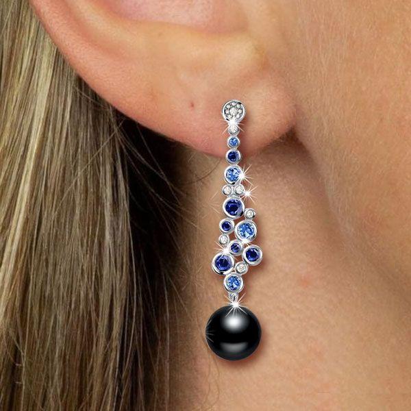 Blue & Black Pearl Drop Earrings - Sterling Silver Bezel Round Dangle Earrings