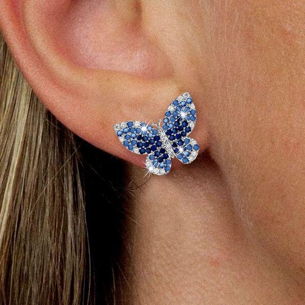 Blue Sapphire Butterfly Stud Earrings - 925 Sterling Silver