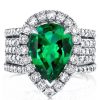 Halo Pear Emerald Sterling Silver Engagement Ring - Multi-Row Design