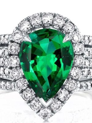 Halo Pear Emerald Sterling Silver Engagement Ring - Multi-Row Design