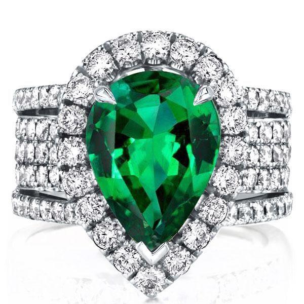 Halo Pear Emerald Sterling Silver Engagement Ring - Multi-Row Design