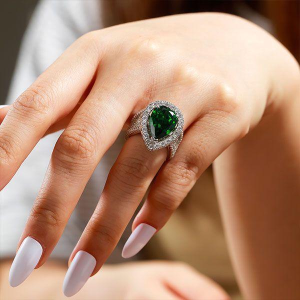 Halo Pear Emerald Sterling Silver Engagement Ring - Multi-Row Design