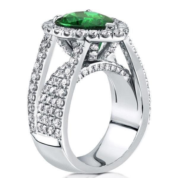 Halo Pear Emerald Sterling Silver Engagement Ring - Multi-Row Design