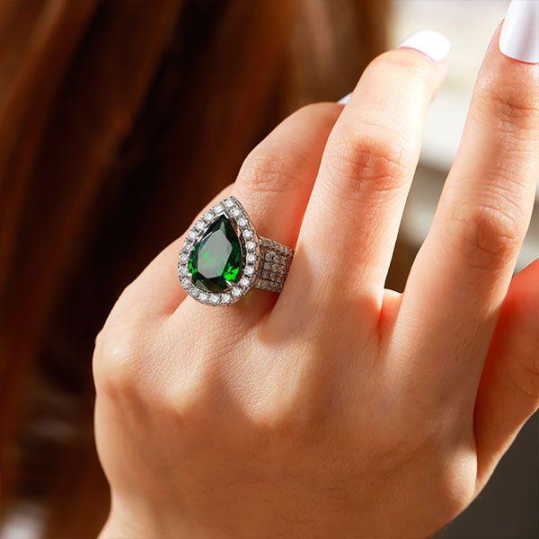 Halo Pear Emerald Sterling Silver Engagement Ring - Multi-Row Design
