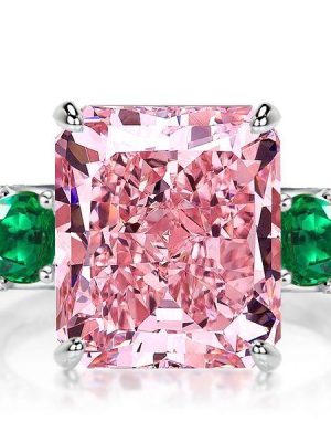 Radiant Cut Pink Sapphire Three Stone Engagement Ring - Sterling Silver