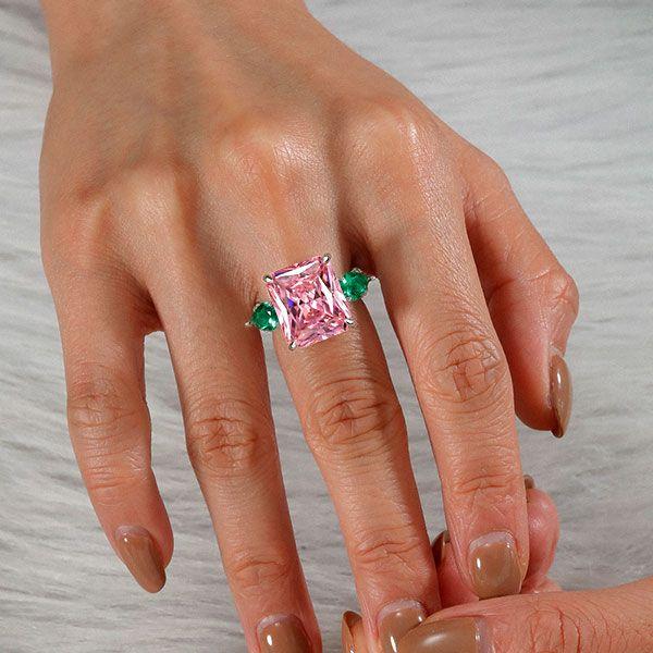 Radiant Cut Pink Sapphire Three Stone Engagement Ring - Sterling Silver