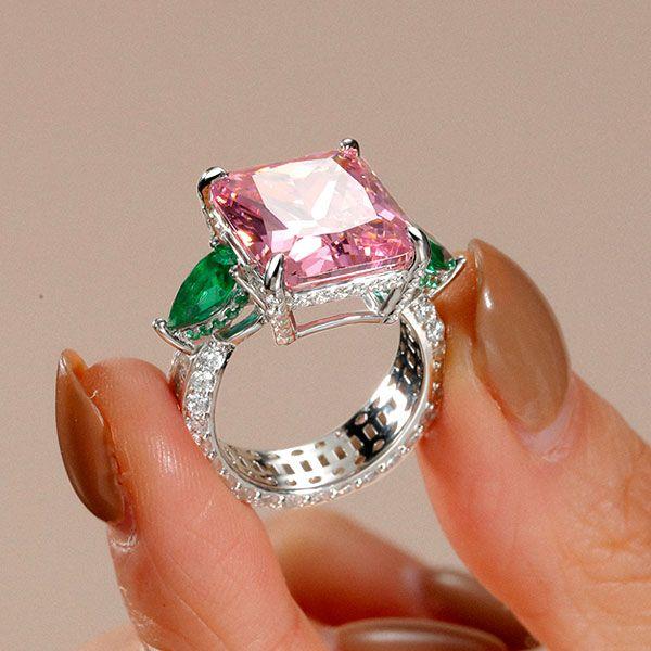 Radiant Cut Pink Sapphire Three Stone Engagement Ring - Sterling Silver