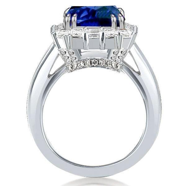 Emerald Cut Blue Sapphire Halo Engagement Ring in Sterling Silver with Rhodium Finish