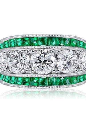 Emerald & White Round Cut CZ Engagement Ring - Sterling Silver, Triple Row
