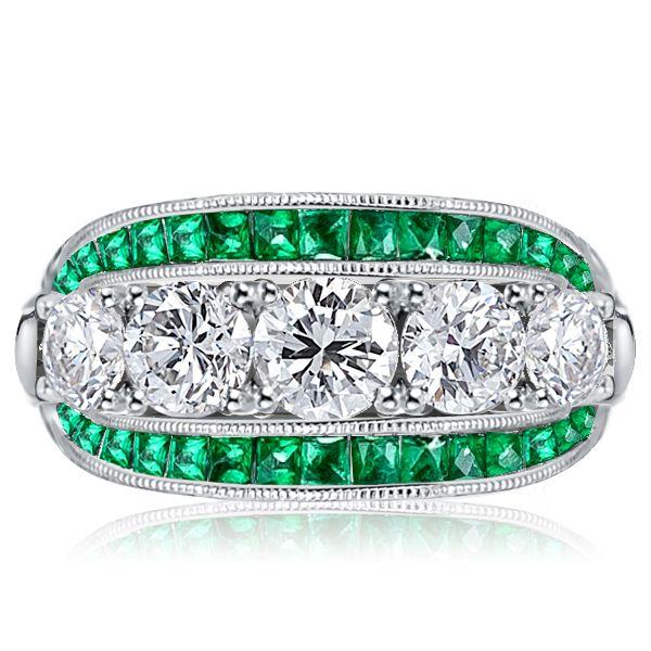 Emerald & White Round Cut CZ Engagement Ring - Sterling Silver, Triple Row