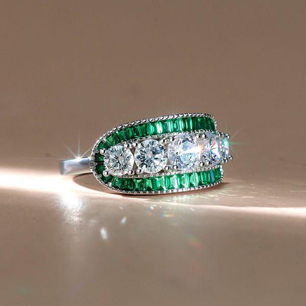 Emerald & White Round Cut CZ Engagement Ring - Sterling Silver, Triple Row