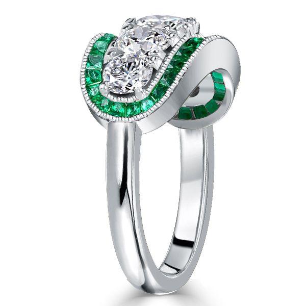 Emerald & White Round Cut CZ Engagement Ring - Sterling Silver, Triple Row