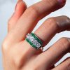 Emerald & White Round Cut CZ Engagement Ring - Sterling Silver, Triple Row