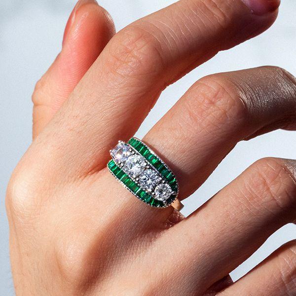 Emerald & White Round Cut CZ Engagement Ring - Sterling Silver, Triple Row