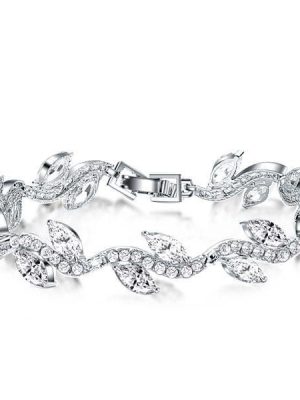Sterling Silver Plated Leaf Design Bracelet with Round and Marquise Cut Stones (7 Inch)