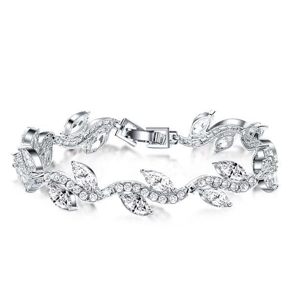 Sterling Silver Plated Leaf Design Bracelet with Round and Marquise Cut Stones (7 Inch)